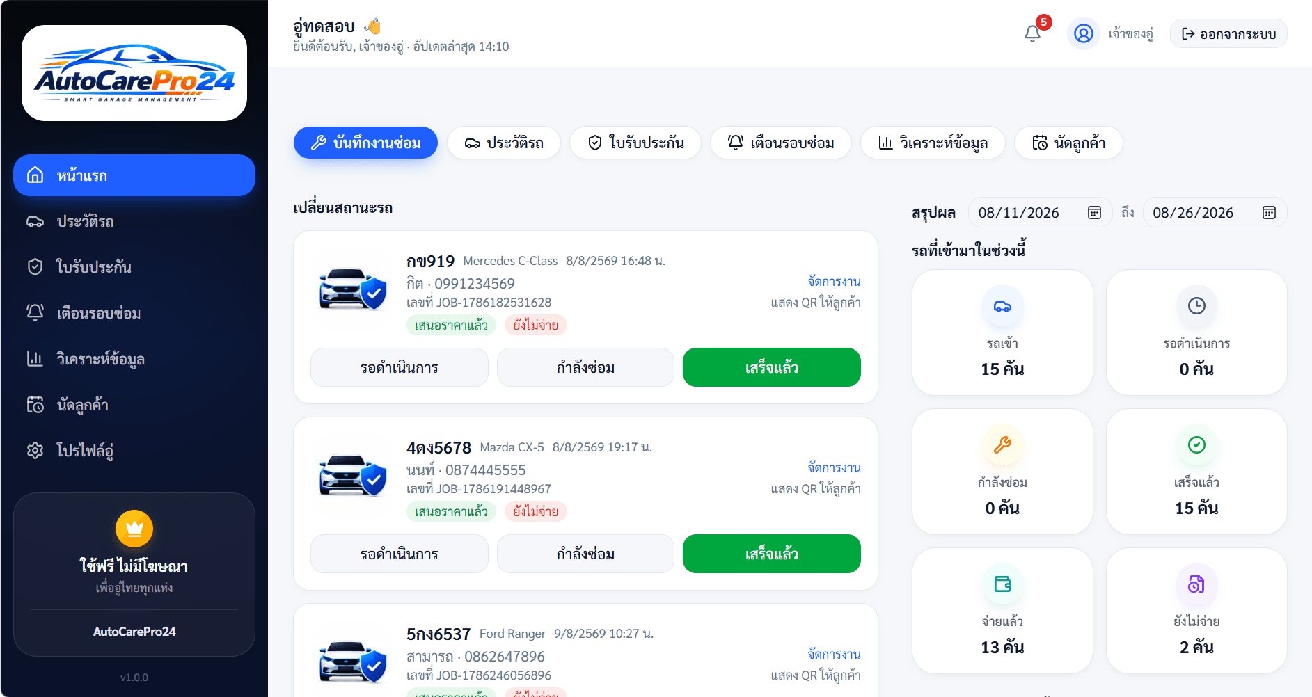 หน้าแดชบอร์ดของจริงในระบบ AutoCarePro24
